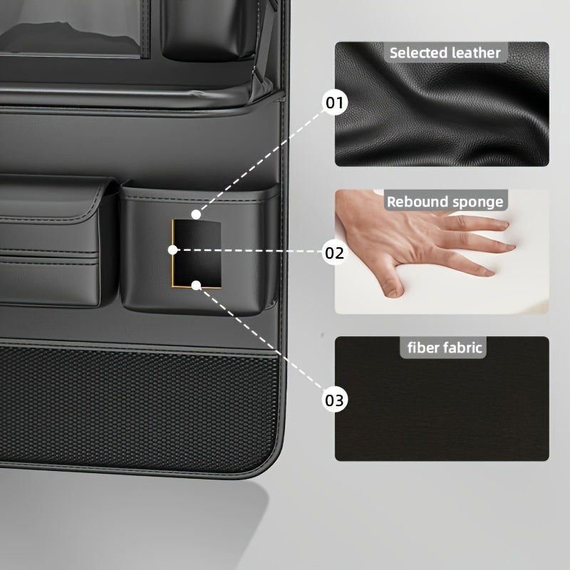 Car Seat Back Organizer PU Leather – Multifunctional Back Seat Storage Bag with Foldable Dining Table, Cup Holder & Travel Pockets, Universal Fit for Cars SUVs Trucks, Road Trip Accessories