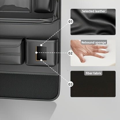 Car Seat Back Organizer PU Leather – Multifunctional Back Seat Storage Bag with Foldable Dining Table, Cup Holder & Travel Pockets, Universal Fit for Cars SUVs Trucks, Road Trip Accessories