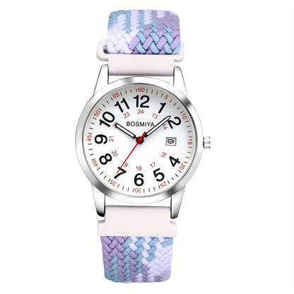 Analog Quartz Sports Watch with Large Calendar Dial & Braided Nylon Strap – Easy-Read 24-Hour Round Case Wristwatch for Men & Women, Flexible Adjustable Elastic Band, 4 Styles