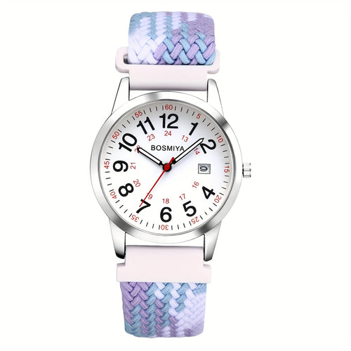 Analog Quartz Sports Watch with Large Calendar Dial & Braided Nylon Strap – Easy-Read 24-Hour Round Case Wristwatch for Men & Women, Flexible Adjustable Elastic Band, 4 Styles