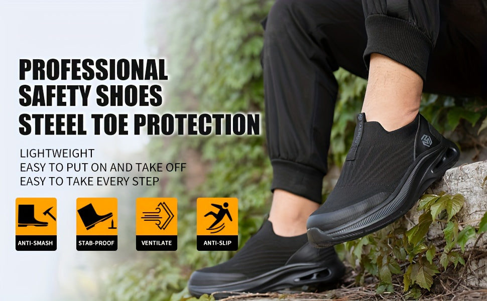 Steel Toe Work Shoes for Men Slip-On Lightweight Safety Sneakers Puncture-Resistant Non-Slip for Construction Warehouse Restaurant Black Grey Blue US 5.5-14