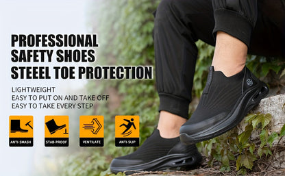 Steel Toe Work Shoes for Men Slip-On Lightweight Safety Sneakers Puncture-Resistant Non-Slip for Construction Warehouse Restaurant Black Grey Blue US 5.5-14
