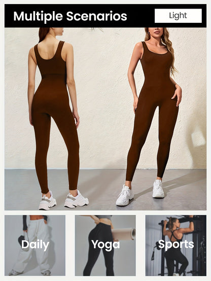 Women's Sleeveless Square Collar Jumpsuit – 90% Nylon Stretch Fabric, Thick & Opaque Active Wear for Yoga, Pilates, Running, Fitness & Everyday Events, Sizes S-XL, Multiple Colors