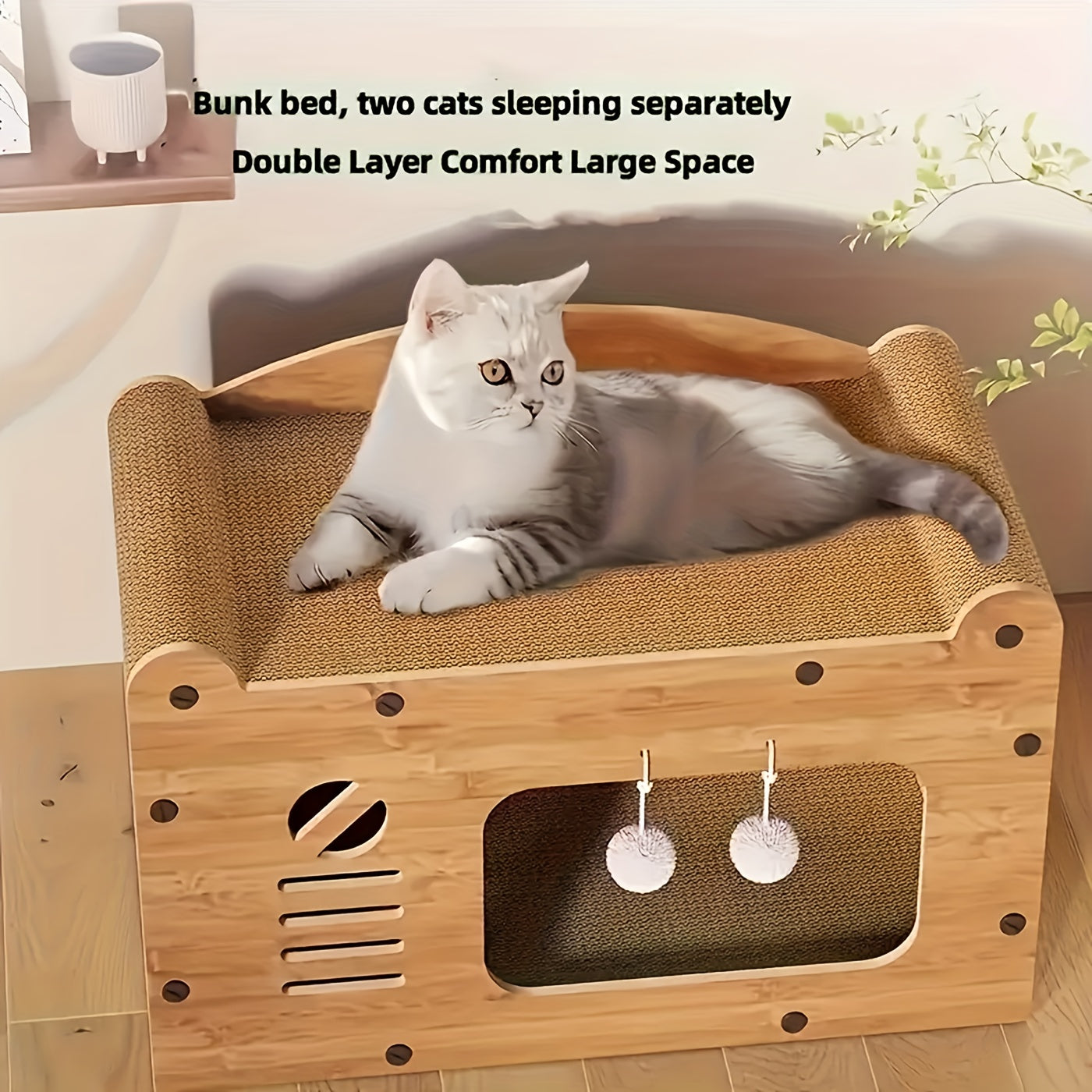 Cardboard Cat Scratching House – Durable Hideout & Bed with Feather Wand Toy, Ventilated Indoor Cat Scratcher, Available in 17.7" & 22" Sizes