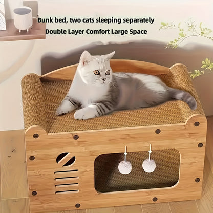 Cardboard Cat Scratching House – Durable Hideout & Bed with Feather Wand Toy, Ventilated Indoor Cat Scratcher, Available in 17.7" & 22" Sizes