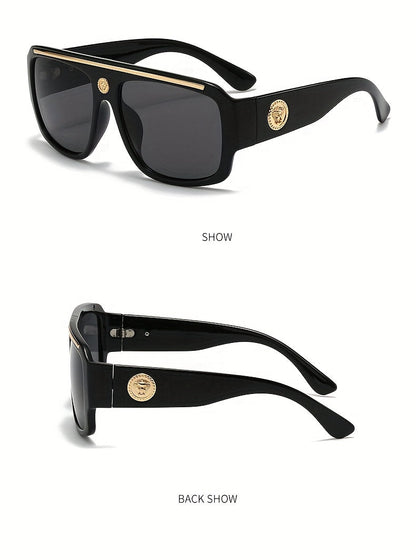 Cyberpunk Oversized Square Sunglasses for Men – Extra Large Frame 139mm+, Black & Gold Metal Trim, Decorative Lens, Futuristic Street Fashion & Cosplay Eyewear