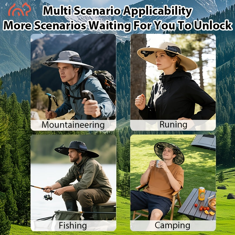Solar Fan Hat with Dual Fans & USB Charging for Men & Women – Wide Brim Cooling Cap with Long Battery Life for Camping, Hiking, Fishing, Gardening & Outdoor Activities, Black, Dark Gray & Khaki