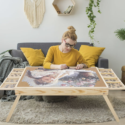 Wooden Puzzle Table with Folding Legs – 4 Drawers & 16 Sorting Grids for 1000 Piece Puzzles | Portable Puzzle Board for Storage & Organization, Home & School Supplies