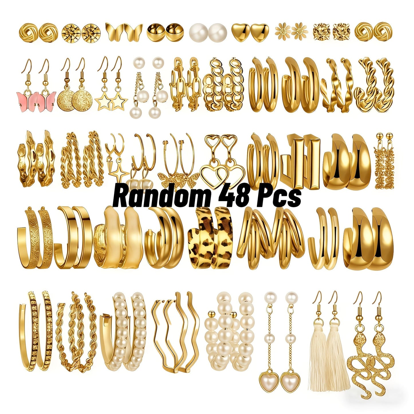 48 Pairs Boho Gold Tone Earring Set for Women – Assorted Minimalist Vintage Studs, Hoops & Dangles – Perfect for Casual, Parties, Holidays & Gifts