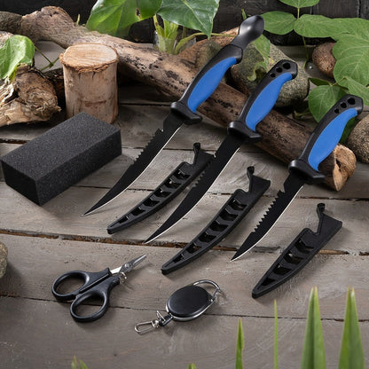 3 Piece Fishing Knife Set with Stainless Steel Blades, Fish Fillet Boning Gutting Knives with Cut Resistant Gloves, Fishing Line Cutter & Cord – Unique Fishing Gift for Anglers & Campers