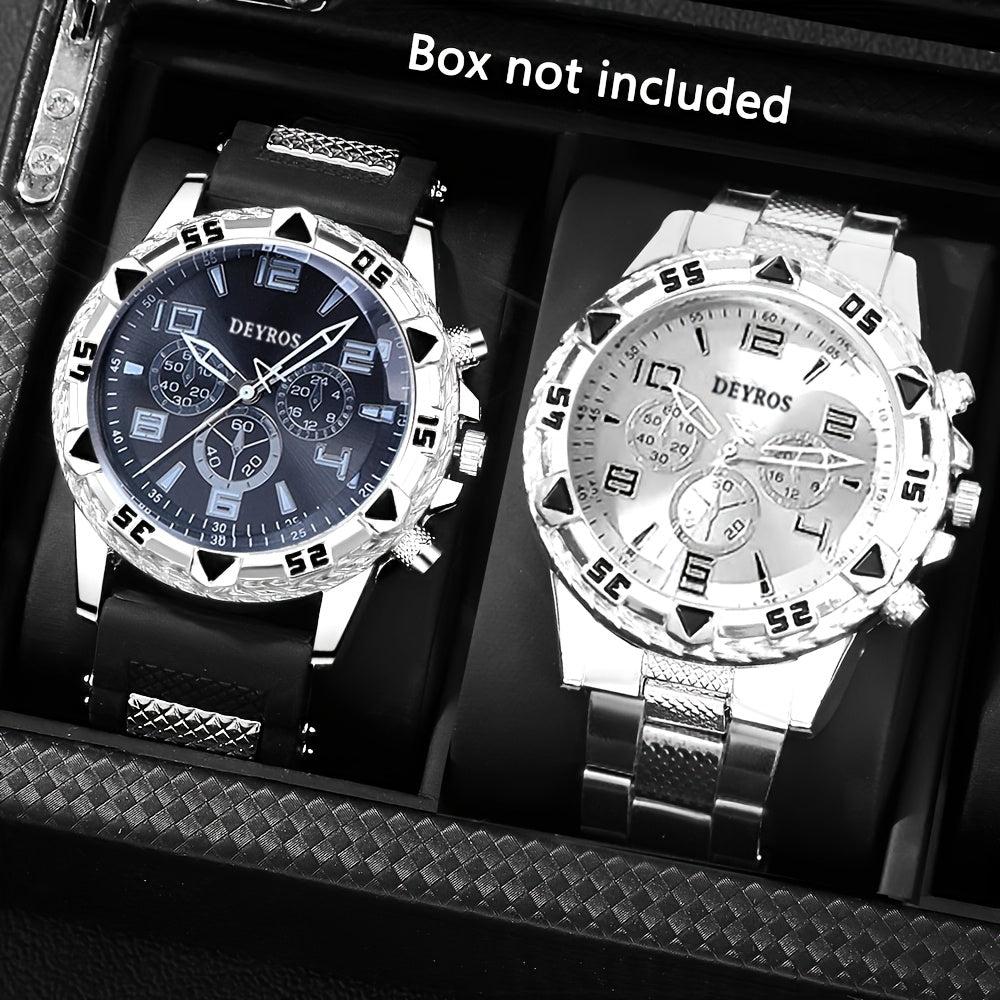 2-Pack Men's Quartz Watch Set – Stainless Steel Case & Silicone Strap, Classic Round Dial, Casual & Business Wear, Sporty Style Wristwatch Gift Set for Men, Sets A B C D Available