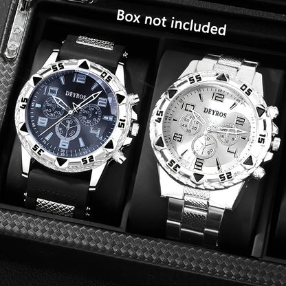 2-Pack Men's Quartz Watch Set – Stainless Steel Case & Silicone Strap, Classic Round Dial, Casual & Business Wear, Sporty Style Wristwatch Gift Set for Men, Sets A B C D Available