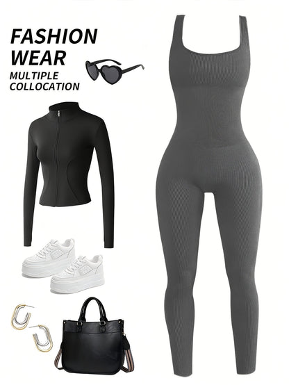 Women's Sleeveless Square Collar Jumpsuit – 90% Nylon Stretch Fabric, Thick & Opaque Active Wear for Yoga, Pilates, Running, Fitness & Everyday Events, Sizes S-XL, Multiple Colors