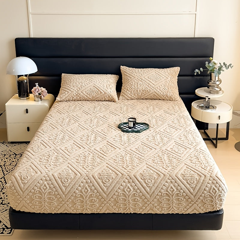 European Embossed Soft Bed Sheet Deep Pocket All Season | Super Soft Machine Washable Mattress Cover | Twin Full Queen King Bedding | Warm Breathable Fitted Sheet | White Gray Khaki Blue Green