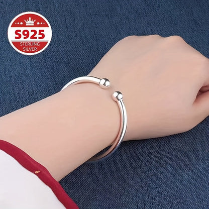 S925 Sterling Silver Pearlescent Open Bangle Bracelet Set 2pcs for Women – Hypoallergenic Adjustable Cuff Bracelet Elegant Jewelry Gift for Valentine's Day Mother's Day Birthday