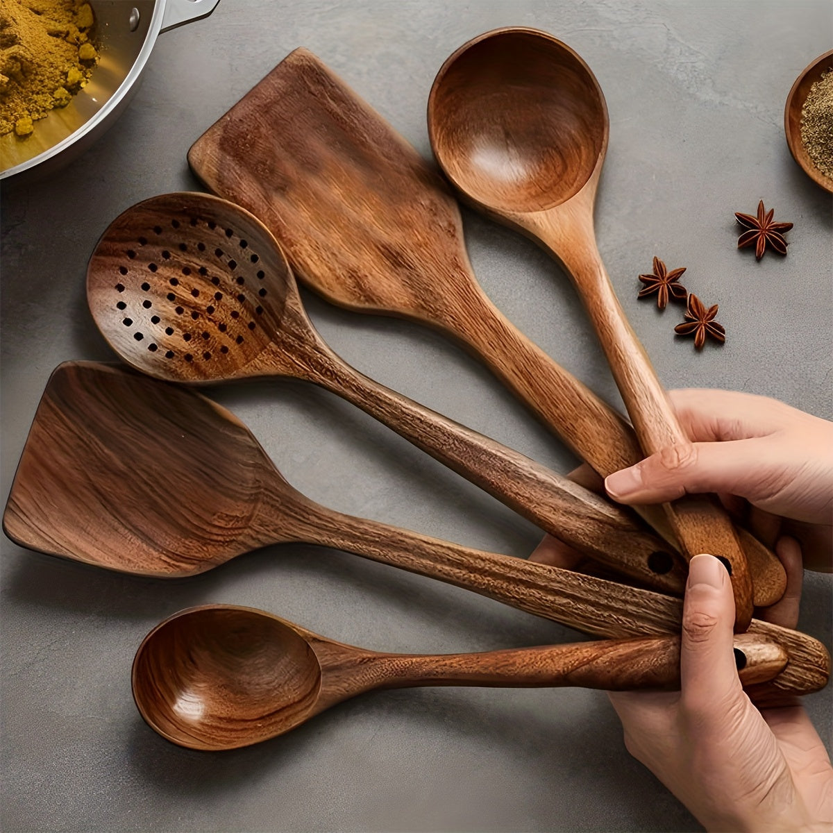Wooden Kitchen Utensils Set 3/5/7 Piece, Natural Wood Spoons Spatulas Spurtle Ladle & Wok Spatula with Ergonomic Handles, Heat-Resistant Non-Stick Safe Heavy-Duty Cooking Tools for Home Kitchen