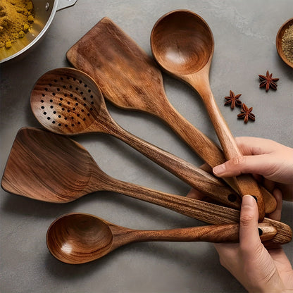 Wooden Kitchen Utensils Set 3/5/7 Piece, Natural Wood Spoons Spatulas Spurtle Ladle & Wok Spatula with Ergonomic Handles, Heat-Resistant Non-Stick Safe Heavy-Duty Cooking Tools for Home Kitchen