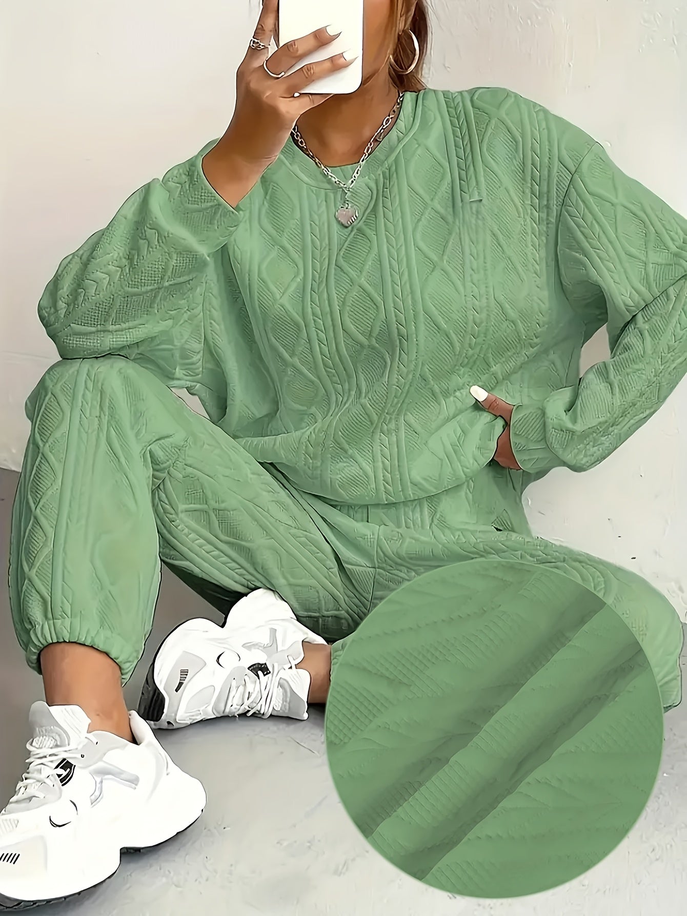 Women's 2-Piece Pullover Sweatsuit Set – Textured Jacquard Crewneck Long Sleeve Top & Sweatpants Tracksuit Breathable Casual Loungewear for Spring Summer S-XXL