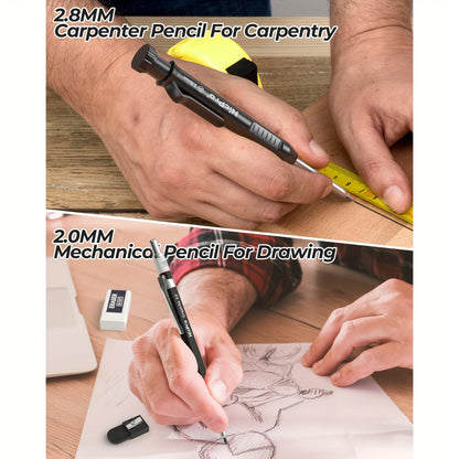 Carpenter Pencil Set with Sharpener – Mechanical Pencils with Refills, Automatic Center Punch & Carbide Scribe Tools in Sturdy Case, 15/16/17/18/27-Piece Pro Marking Kit for Woodworking