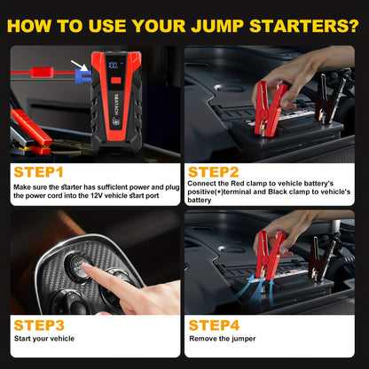 Car Jump Starter with Air Pump & Digital Tire Pressure Gauge – 12V Portable Emergency Starter for Cars, Trucks, SUV, RV & Motorcycles, LED Display, SOS Light & Window Breaker