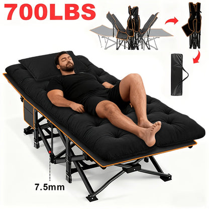 Heavy Duty Folding Camping Cot up to 700LBS – Extra Large 59"/75" Thickened Folding Bed with Mattress, Ergonomic Sturdy Frame, Portable Guest Bed & Patio Sofa for Camping, Hiking & Home Use – Black & Gray