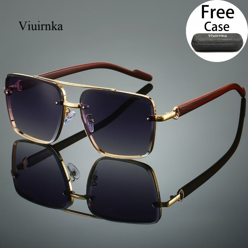Square Fashion Glasses with Wood Grain Temples for Men Women – Double Beam Retro Design Gradient Lens Sunglasses Unisex for Driving Travel Street Photography Gift with Case