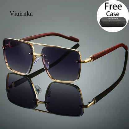 Square Fashion Glasses with Wood Grain Temples for Men Women – Double Beam Retro Design Gradient Lens Sunglasses Unisex for Driving Travel Street Photography Gift with Case