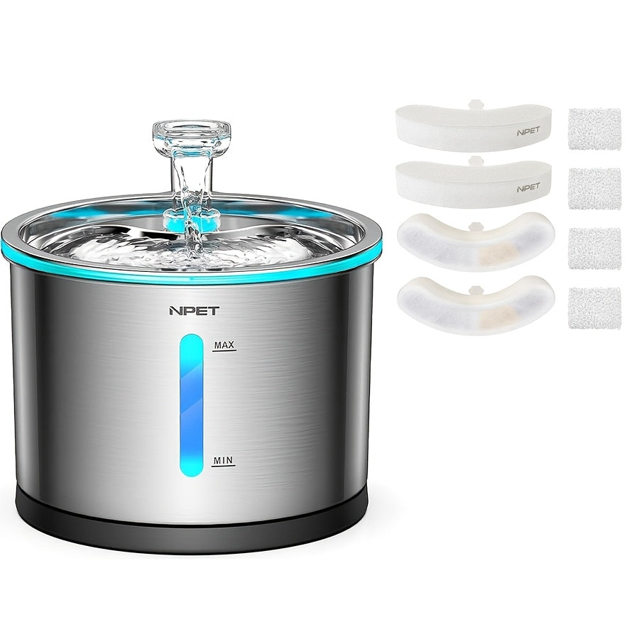 NPET WF210 Stainless Steel Cat Water Fountain 50oz – Ultra Quiet Automatic Pet Water Dispenser with LED Light, Visible Water Window & Dishwasher Safe 304 Steel, Optional Filter Bundles for Cats Dogs