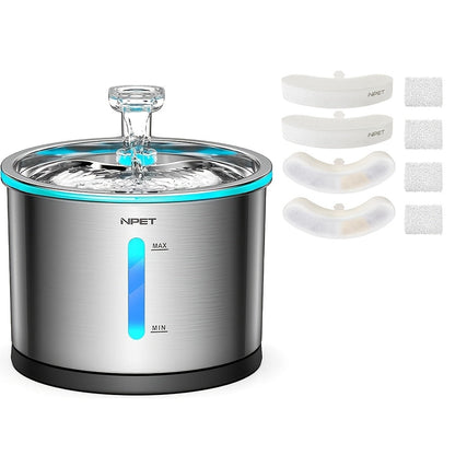 NPET WF210 Stainless Steel Cat Water Fountain 50oz – Ultra Quiet Automatic Pet Water Dispenser with LED Light, Visible Water Window & Dishwasher Safe 304 Steel, Optional Filter Bundles for Cats Dogs