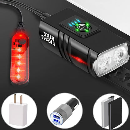 Super Bright USB Rechargeable Bike Light Set – LED Front Headlight 1200mAh & Rear Taillight 330mAh, 6+4 Modes, 180° Wide Beam, Safety Bell Included, for Mountain Road & Night Cycling