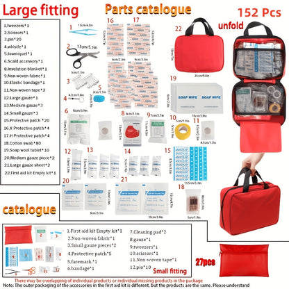 First Aid Kit 152 Pcs Premium Waterproof Compact Trauma Medical Kit for Emergencies, Home, Office, Car, Travel, Outdoor Camping, Hiking & Boating - Red Emergency Survival Kit