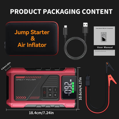 4000A Car Jump Starter with Air Compressor, 150PSI Tire Inflator & LED Light, Portable 12V Battery Jump Starter Pack for Gas 8.0L / Diesel 6.5L Engines – Car Emergency Kit