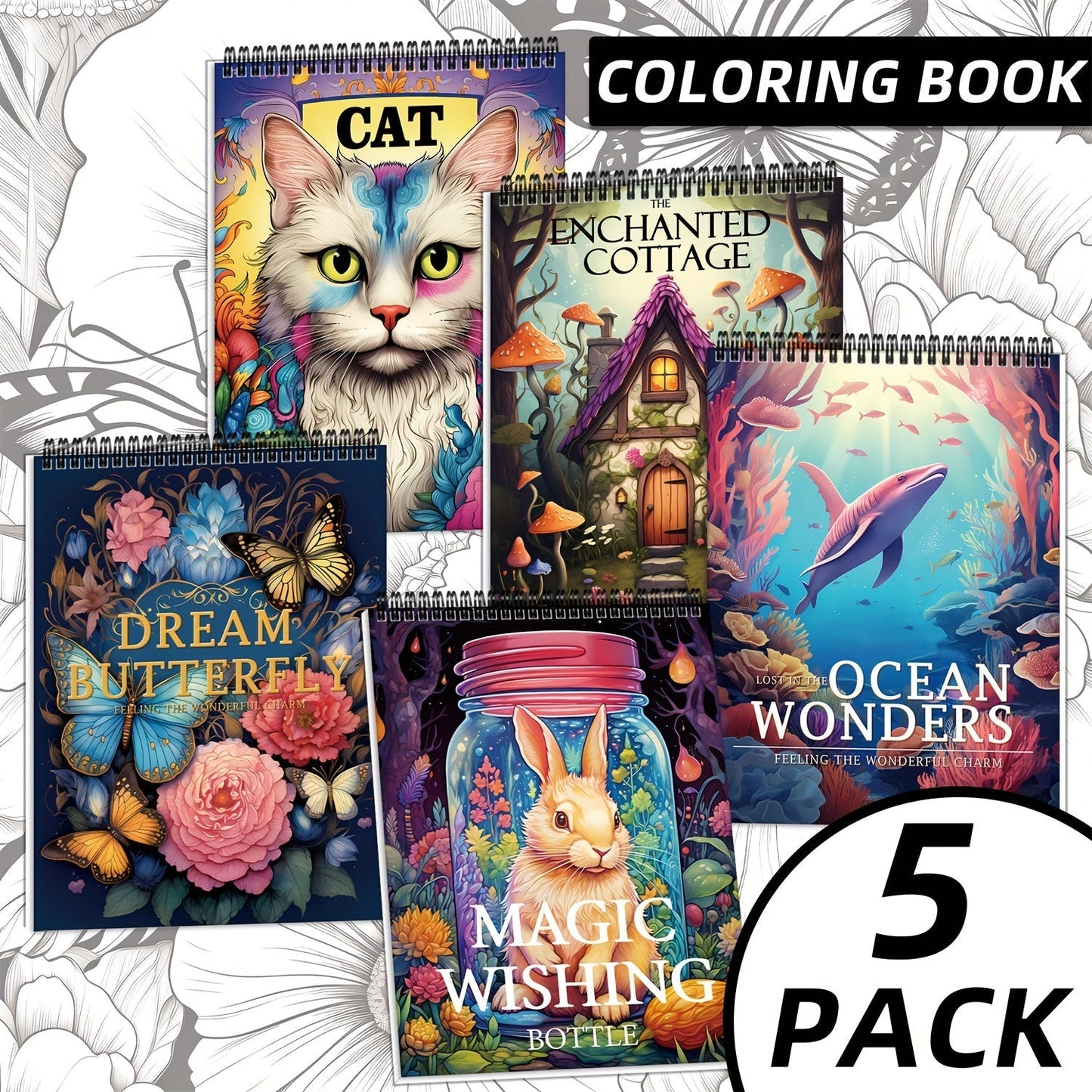 Adult Coloring Books Set of 5 with 150 Unique Designs – Spiral Bound Mindfulness Art Books Featuring Butterflies, Cats, Ocean, Cottage & Magical Wishes – Perfect Stress Relief Gift for Women, Men & Teens