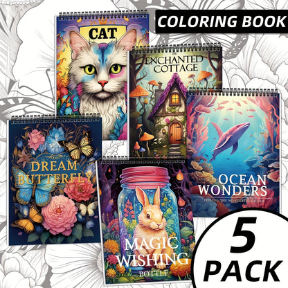 Adult Coloring Books Set of 5 with 150 Unique Designs – Spiral Bound Mindfulness Art Books Featuring Butterflies, Cats, Ocean, Cottage & Magical Wishes – Perfect Stress Relief Gift for Women, Men & Teens