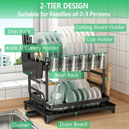 2-Tier Dish Drying Rack with Drainboard for Kitchen Counter – Large Capacity Metal Dish Drainer with Drain Tray, Organizer for Plates, Cups & Utensils, Available in Black, White & Gray