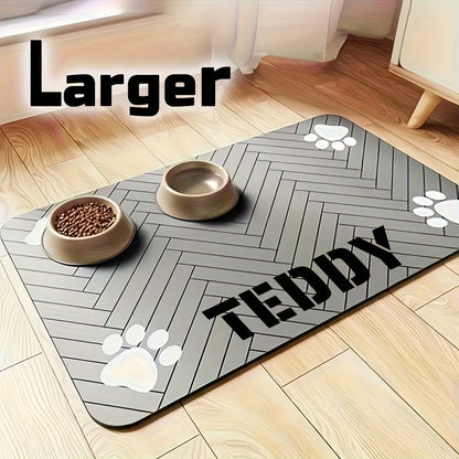 Pet Feeding Mat Anti-Slip Paw Print – Waterproof Quick-Dry Dog & Cat Bowl Pad with Bone-Shaped Intervals, Stain-Resistant, Easy-Clean Pet Placemat in Brown & White