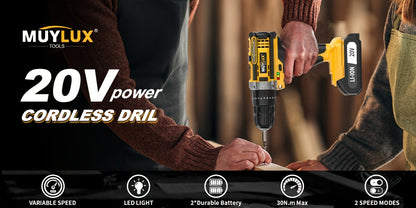 20V Cordless Drill Set with Battery & Fast Charger – Impact Power Drill, 45Nm Torque, 3/8" Keyless Chuck, 18+3 Clutch, 2-Speed, LED Work Light for Home & DIY