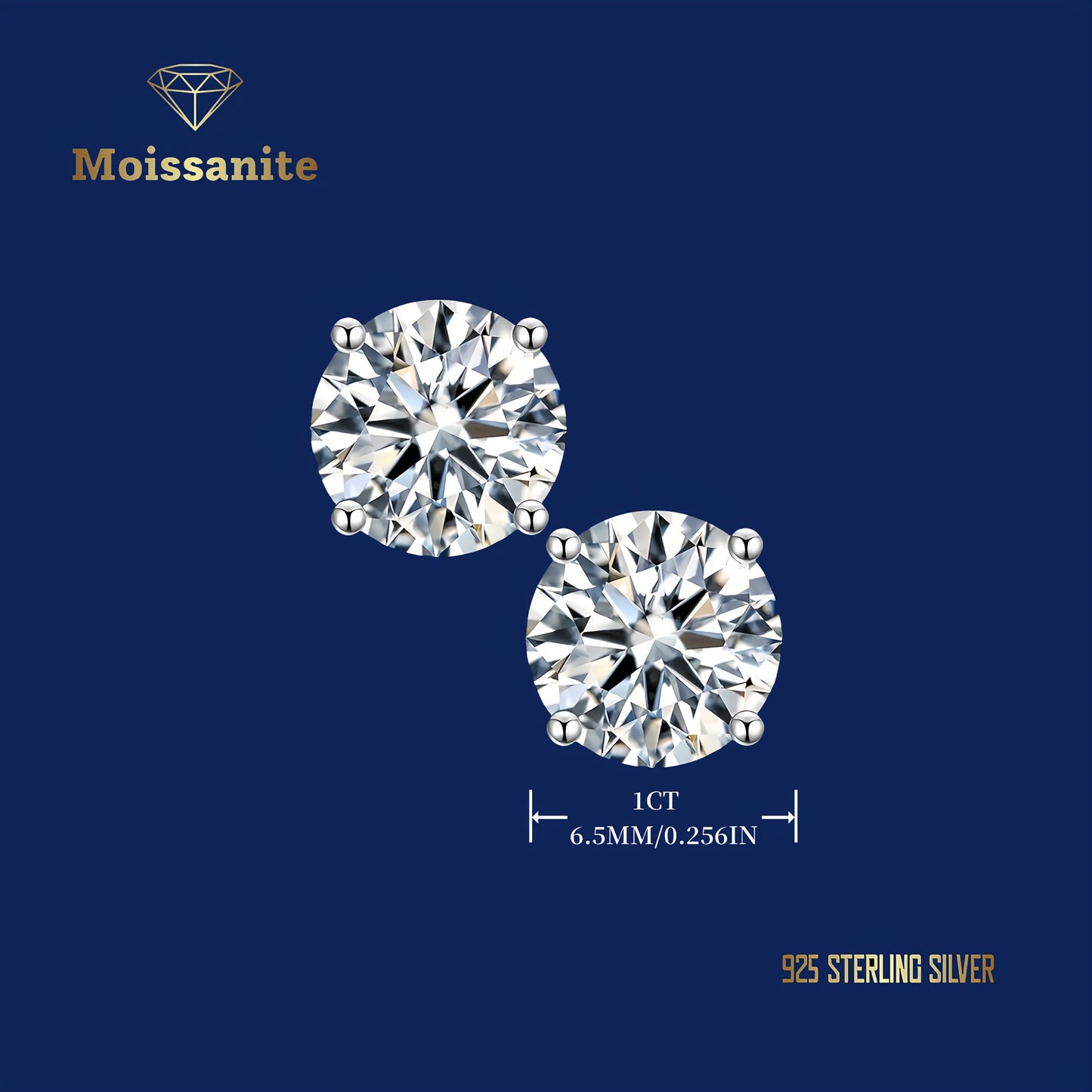 Lab Moissanite Stud Earrings D Color VVS1 Clarity – Brilliant Round Cut 18K Gold Plated 925 Sterling Silver, 1CT 2CT 4CT 6CT, Jewelry Box Included, Gift for Women Girls