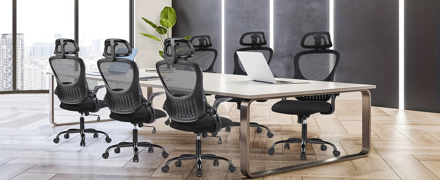 Ergonomic High Back Mesh Office Chair with Adjustable Headrest, Lumbar Support & Flip-Up Armrests – Stainless Steel Frame, Padded Seat, 5-Wheel Rolling Base – Home Office, Lab & Desk Chair (Black/Gray)