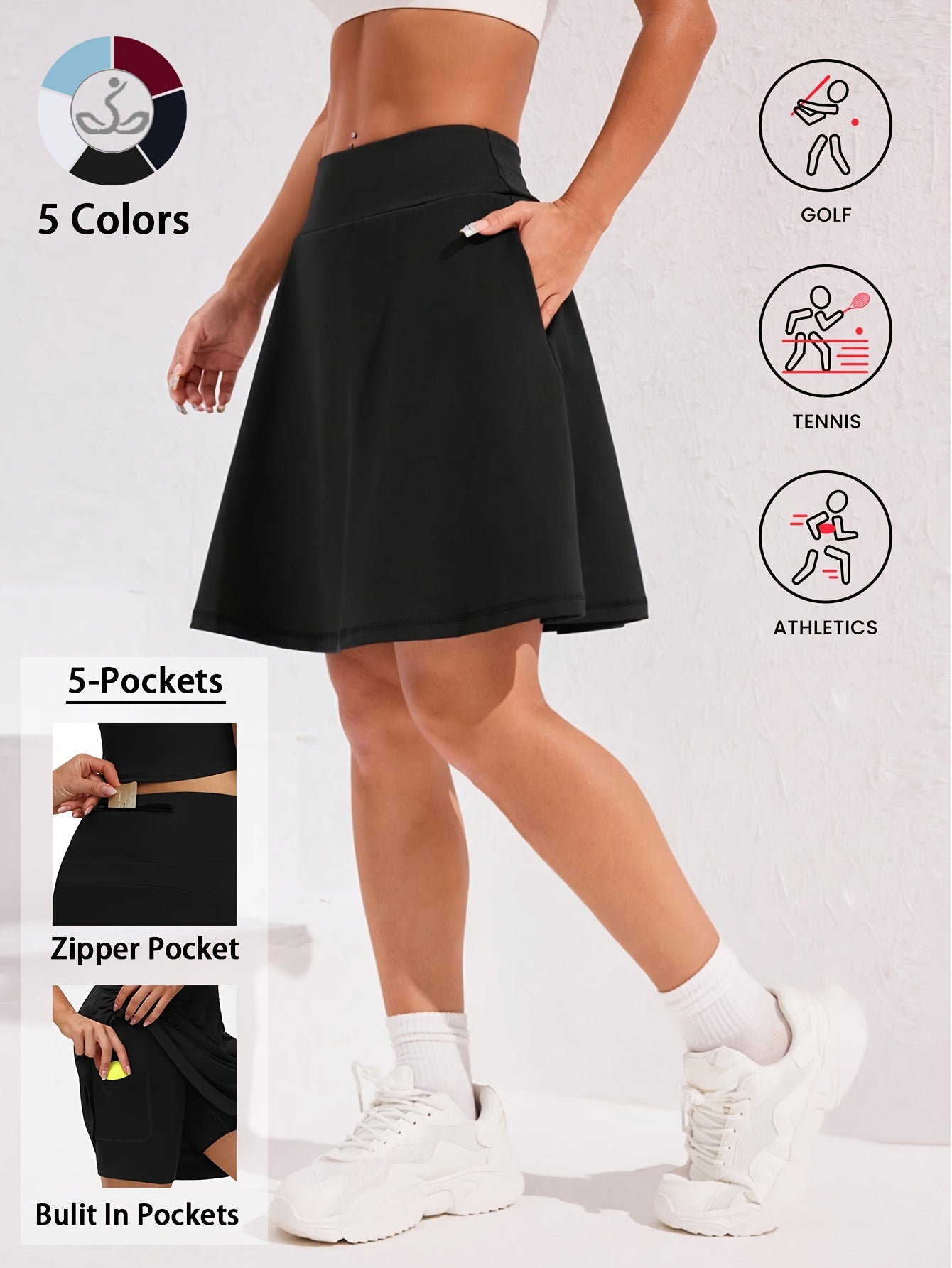 Women's 20-Inch Knee Length Skorts with 5 Pockets – High Waist Athletic Skirt with Built-In Shorts for Tennis, Golf & Pickleball, Long Activewear Skort, Sizes S-XXL, Multiple Colors