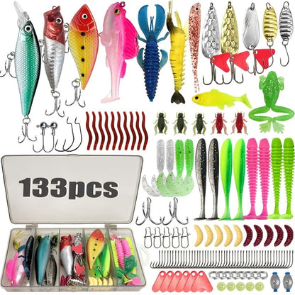 133 Piece Fishing Tackle Kit with Spinner Baits, Wobblers, Lead Jigs, Sinkers, Hooks & Tackle Box – Complete Freshwater Beginner Fishing Set for Bass, Trout & Panfish