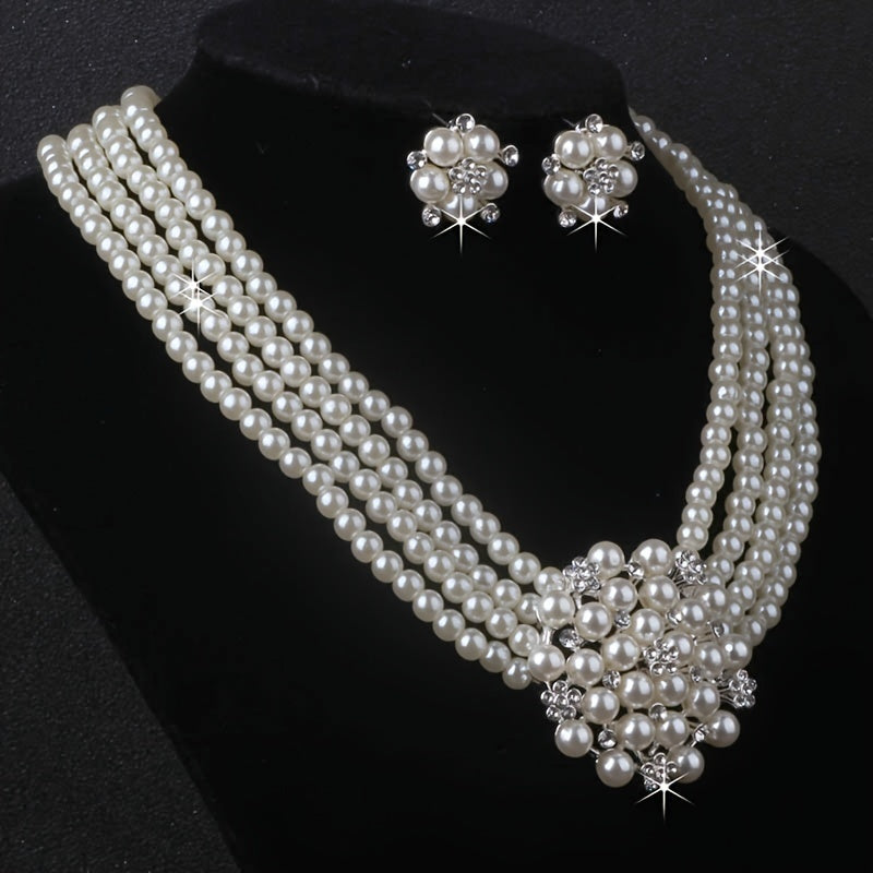 Milky White 4-Row Bead Necklace and Earring Set for Women – Layered Flower Pearl Style Silver Plated Jewelry Set for Wedding Banquet Evening Party Engagement Gift