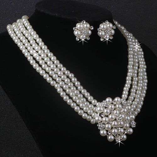 Milky White 4-Row Bead Necklace and Earring Set for Women – Layered Flower Pearl Style Silver Plated Jewelry Set for Wedding Banquet Evening Party Engagement Gift
