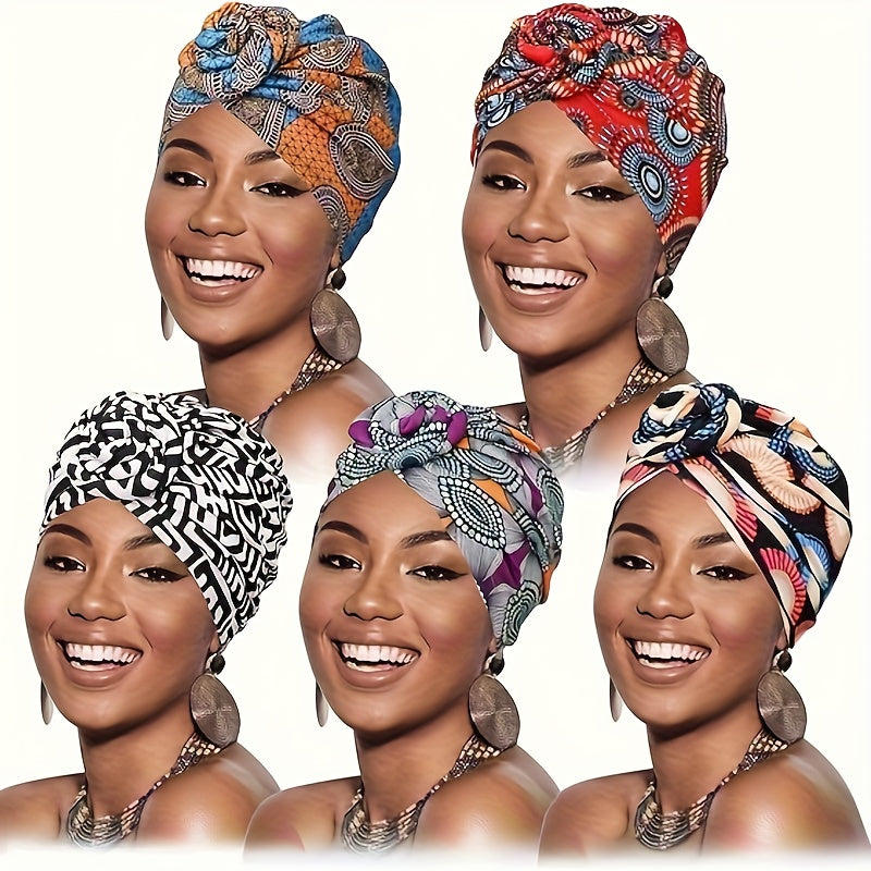 African Turban Headwraps for Women 5 Pack – Pre-Knotted Bohemian Beanie Hair Covers with Multicolor Knots for Daily Wear, Parties, Weddings & Special Occasions