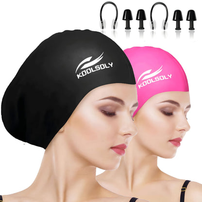 Silicone Swimming Cap 2 Pack with Ear Protection for Long Hair – Includes Earplugs & Nose Clip, Waterproof Swim Cap Set, 11 Color Options for Women Men Adults