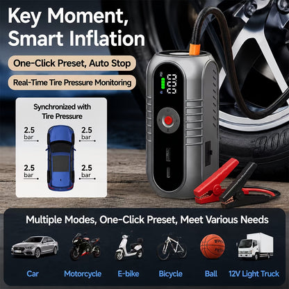 3000A Car Jump Starter 9-in-1 with Built-In Tire Inflator, USB Ports & LED Emergency Light – 12V Portable Wireless Battery Booster for Cars, Trucks & SUVs – Roadside Emergency Tool – Velora