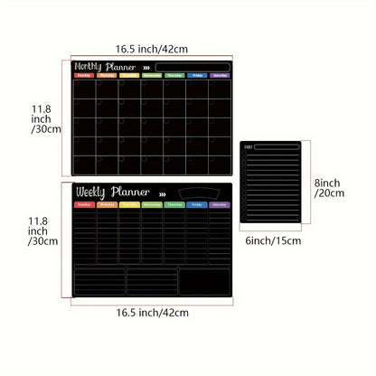 Black Magnetic Dry Erase Board Set 3-Pack – Monthly Weekly Daily Planner Boards for Fridge & Wall, Family Organizer Calendar with 8 Dry Erase Markers, Home Office Kitchen School