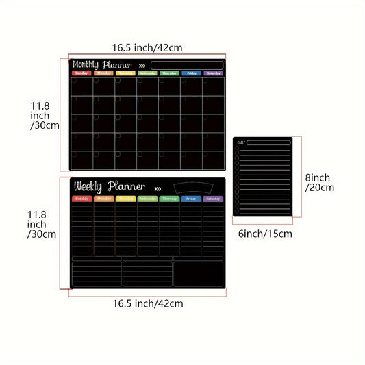 Black Magnetic Dry Erase Board Set 3-Pack – Monthly Weekly Daily Planner Boards for Fridge & Wall, Family Organizer Calendar with 8 Dry Erase Markers, Home Office Kitchen School