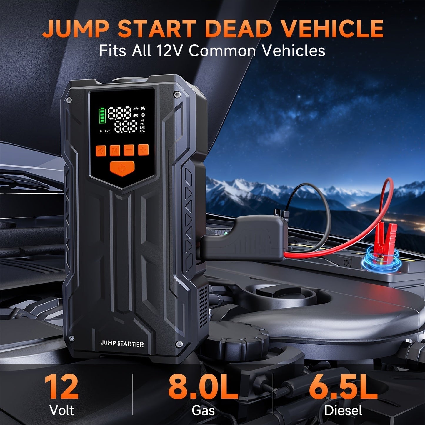5-in-1 Jump Starter with Air Compressor 5000A Peak – 150 PSI Tire Inflator, 12V Car Battery Jump Pack for Gas & Diesel, Smart Cables & Battery Charger