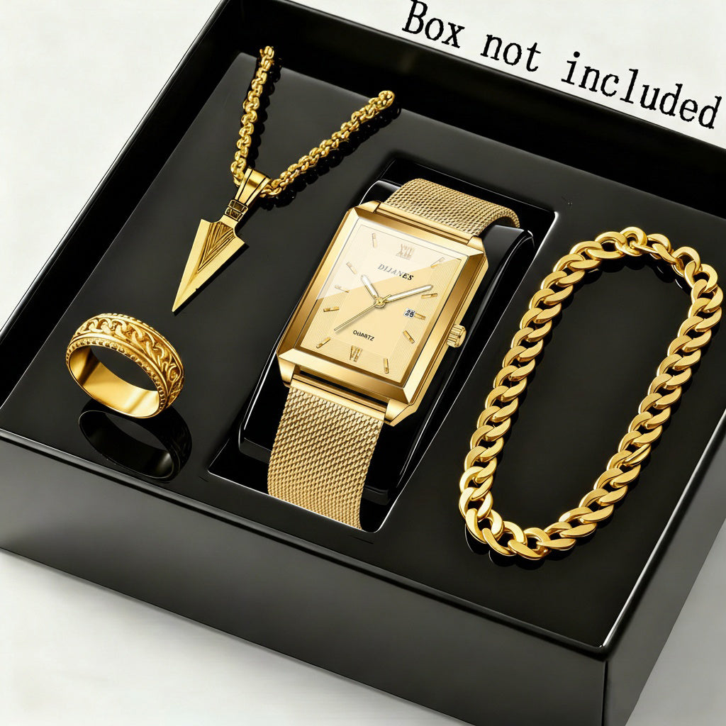 4pcs Men's Fashion Quartz Watch & Jewelry Set – Stainless Steel Strap Date Display Watch with Necklace Bracelet Ring, Business Casual Elegant Gift Set for Men in Gold Silver Black